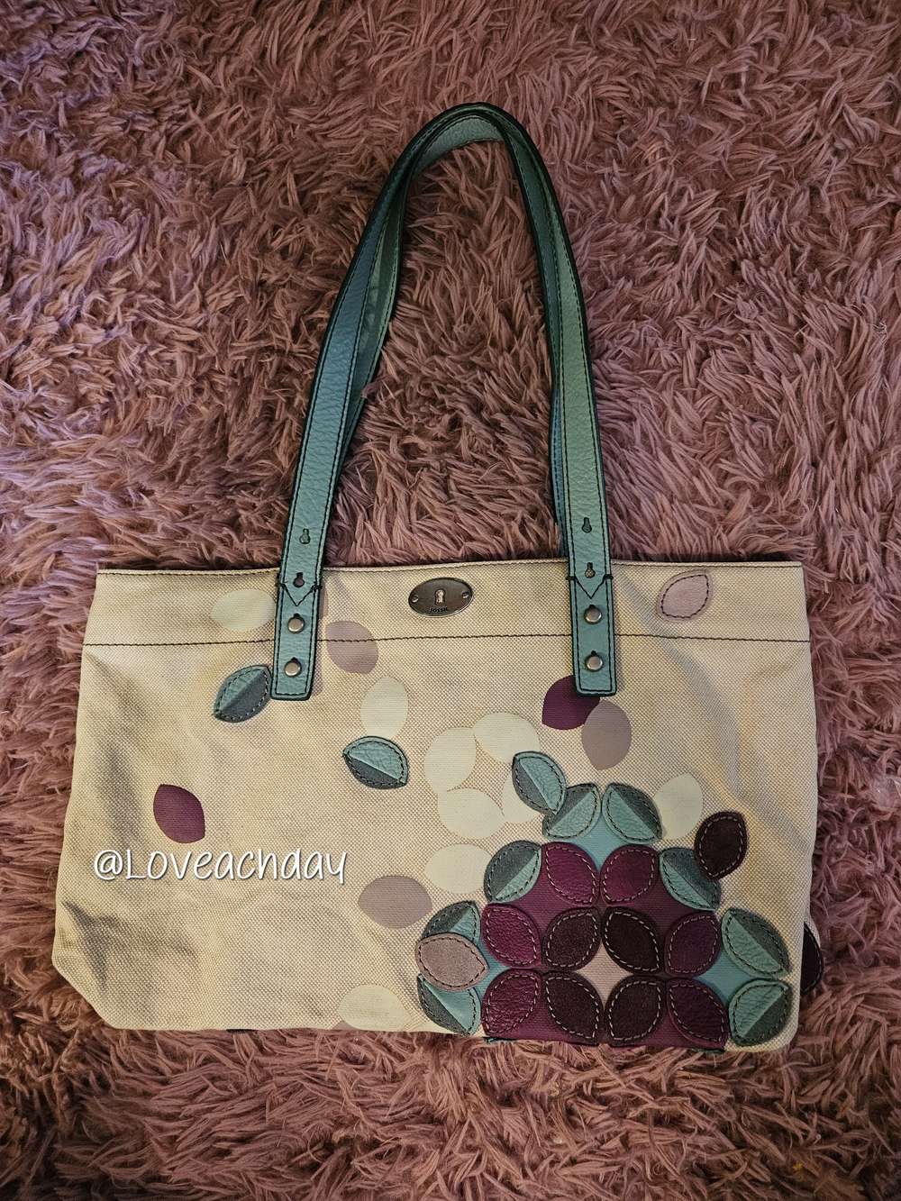 Fossil✨️Canvas Floral Tote with Teal Leather Handles